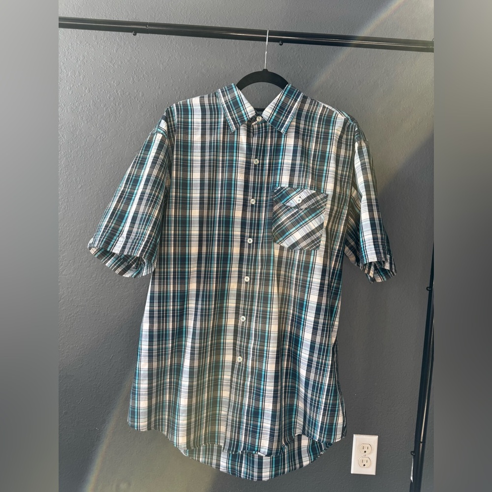 Men’s Short Sleeve Button-Up Plaid Shirt – Teal, Navy & White
